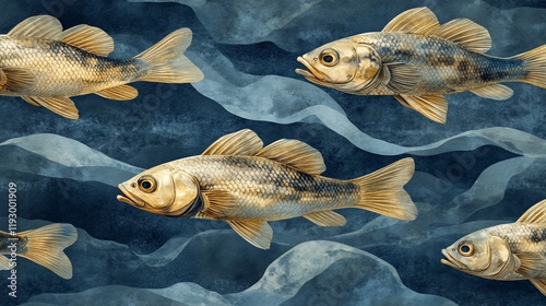 Wallpaper Mural Golden fish swim in blue waves; underwater pattern Torontodigital.ca