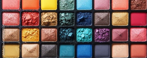 Assorted eyeshadow palettes in vibrant colors, neatly displayed, showcasing beauty and cosmetic diversity, concept of makeup options enhanced by generative AI design photo