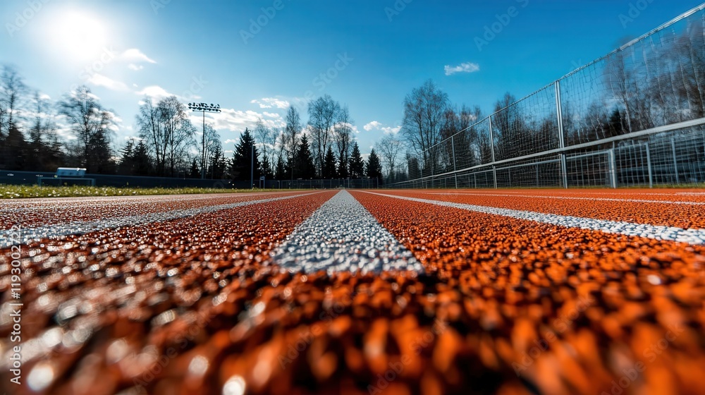 Fototapeta premium A captivating view of a vibrant athletic track, showcasing the bright orange surface and white lines under a clear blue sky, ideal for sports photography and athletic events.