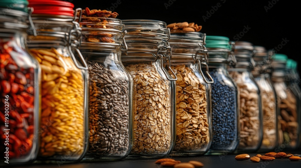 A captivating display of assorted jars filled with grains, nuts, and seeds, showcasing their unique shapes and colors under natural lighting in a cozy setting.