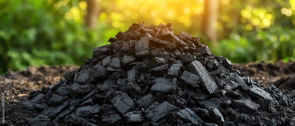 Biochar heap in garden improving soil health, boosting agricultural productivity, concept of gardening, soil health, biochar, and composting for sustainable farming Biochar heap in garden improving soil health, boosting agricultural productivity, concept of gardening, soil health, biochar, and composting for sustainable farming