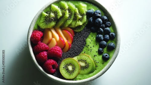 A visually appealing green smoothie bowl topped with sliced kiwi, berries, and seeds, representing healthy living and the joy of nutritious eating.
