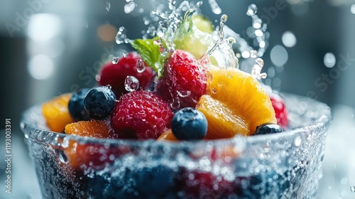 An array of mixed fruits creates a stunning visual, enhanced by splashes of water, capturing the essence of freshness and vitality in food photography. photo