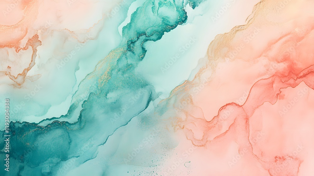 Fototapeta premium Abstract Teal Pink Gold Ink Wash Painting Art