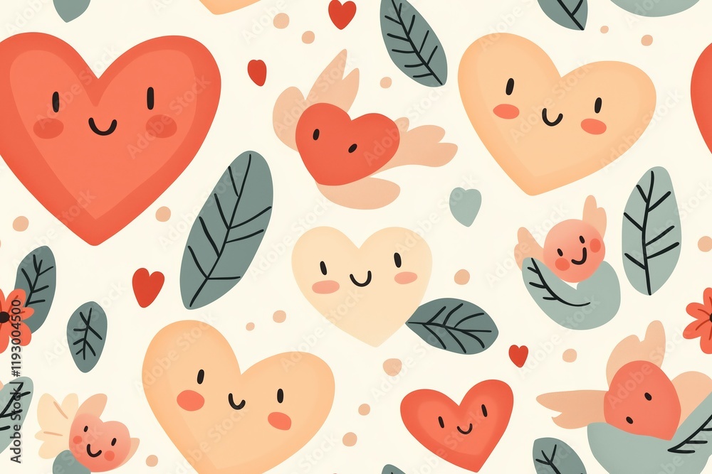 Adorable hand-drawn pattern featuring cheerful hearts with smiling faces, floral decorations, and leafy accents. Adorable hand-drawn pattern featuring cheerful hearts with smiling faces, floral decorations, and leafy accents.