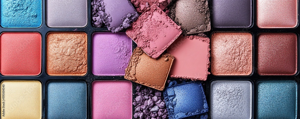 Fototapeta premium Diverse and colorful eyeshadow palettes arranged neatly, displaying the range of makeup options, concept of beauty, cosmetic diversity, enhanced with generative AI design
