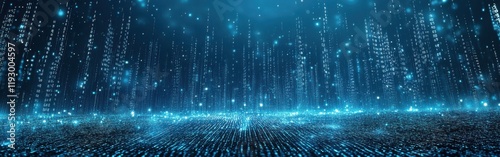 Futuristic Digital Landscape of Glowing Blue Particles and Matrix-Like Data Streams Illuminating a Dark Background in a High-Tech Conceptual Scene