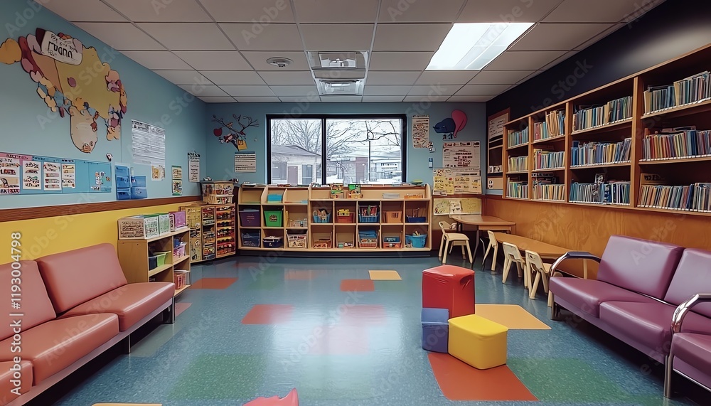 Empty daycare classroom, featuring colorful furniture, learning materials, and a playful atmosphere, with no children or teacher present Empty daycare classroom, featuring colorful furniture, learning materials, and a playful atmosphere, with no children or teacher present