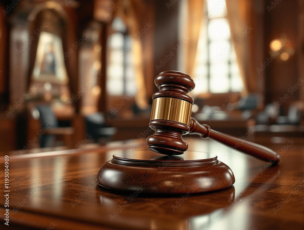 gavel resting on a wooden desk in what appears to be a courtroom or legal setting. The background is blurred, suggesting a focus on the gavel. gavel resting on a wooden desk in what appears to be a courtroom or legal setting. The background is blurred, suggesting a focus on the gavel.