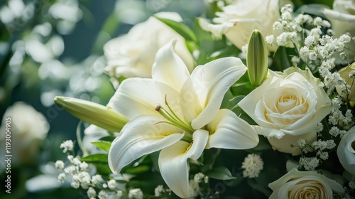 A somber funeral flower arrangement with lilies and white roses.