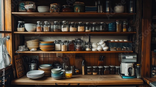 Wallpaper Mural A cozy wooden kitchen shelf with an assortment of jars, spices, and neatly stacked dishes. Torontodigital.ca
