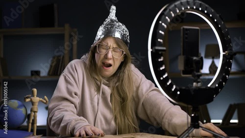 Strange crazy vlogger with cellphone, paranoid woman streaming at home conspiracy theory broadcasting in vlog, sleepy asleep tired yawning doing pull-ups. blogging and conspiracy theory