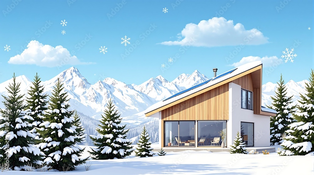 Solar panel on house roof during cloudy winter day