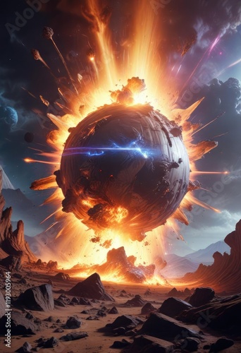 A massive explosion on a distant planet with vibrant rays, explosive energy release, galactic upheaval