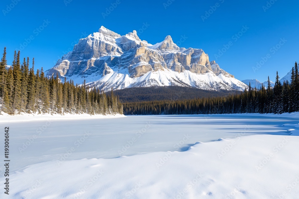 Snowy mountain lake winter landscape, clear sky