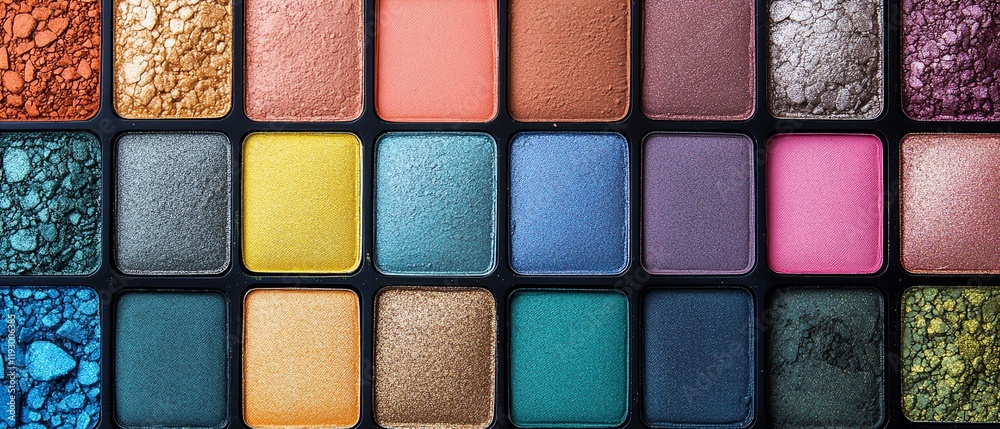 Neatly arranged colorful eyeshadow palettes, demonstrating a wide range of makeup options, concept of beauty, cosmetic diversity, vibrant generative AI patterns