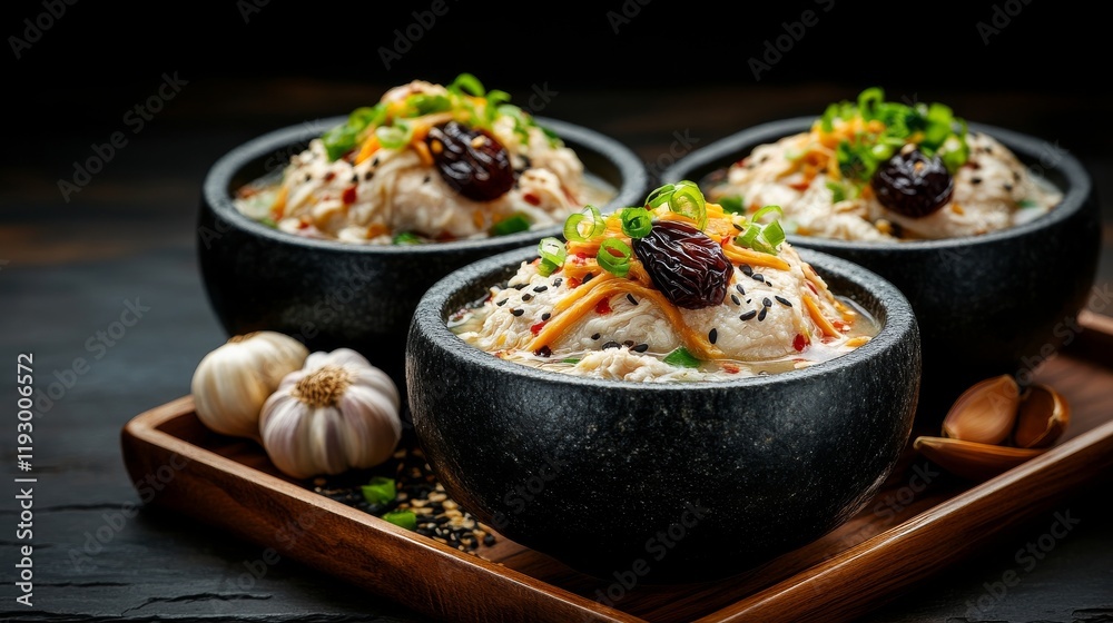 Chicken stewed in fragrant ginseng soup served in a traditional stone pot garnished with chopped green onions, jujube dates and garlic cloves on a wooden tray Chicken stewed in fragrant ginseng soup served in a traditional stone pot garnished with chopped green onions, jujube dates and garlic cloves on a wooden tray