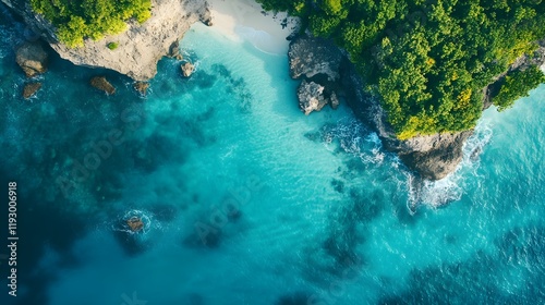 Aerial shot of a tropical island surrounded by crystal-clear water and coral reefs.