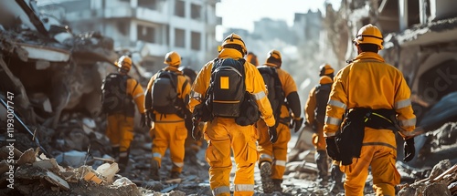 Rescue team in yellow and orange uniforms walking through earthquake ruins, navigating rubble, showcasing bravery, disaster response, and emergency relief efforts