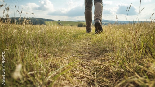 Wallpaper Mural Person walking on a grassy path towards a scenic landscape. Torontodigital.ca