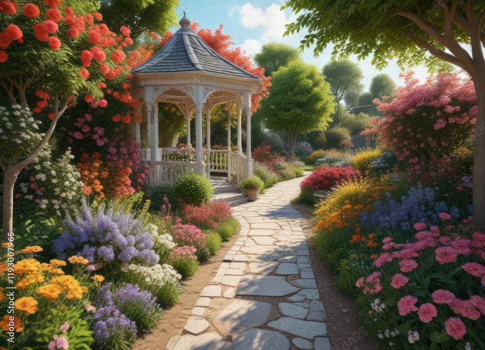 Fototapeta premium A narrow winding garden path lined with blooming flowers and shrubs that leads to a small gazebo, nature, garden paths