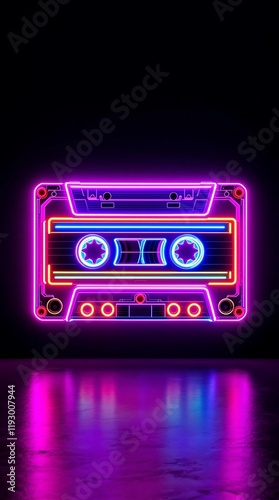 Neon cassette symbolizing nostalgia of the 90s and audio music listening