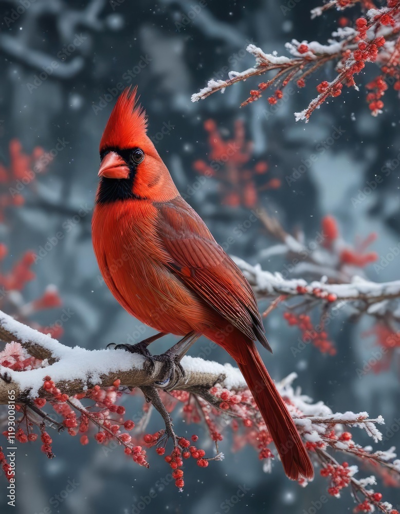 A cardinal with vibrant red plumage perched on a bare winter branch amidst snowflakes , branch, avianphotography A cardinal with vibrant red plumage perched on a bare winter branch amidst snowflakes , branch, avianphotography