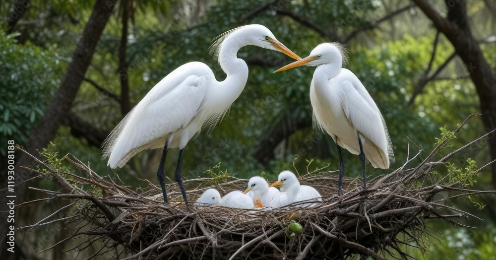 A nesting great egret in Florida with eggs and nest, habitat, florida, nesting A nesting great egret in Florida with eggs and nest, habitat, florida, nesting