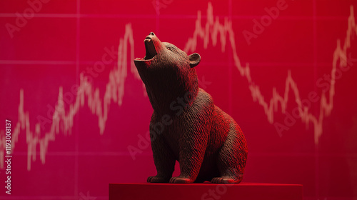 A bear figurine on a pedestal against a red background with a stock market graph, symbolizing bearish trends, market decline, and financial downturns. photo