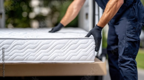 Man in blue uniform cleaning mattress and movers unloading mattress from truck in residential area
