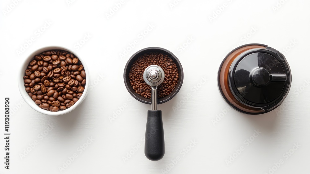 A minimalist setup featuring a manual grinder and coffee beans on a bright white backdrop. A minimalist setup featuring a manual grinder and coffee beans on a bright white backdrop.