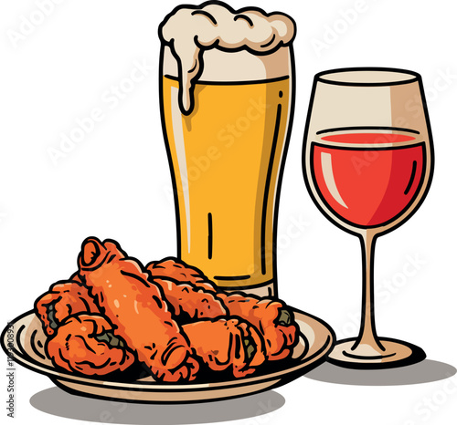 Chicken wings plate and beer vector art illustration for business