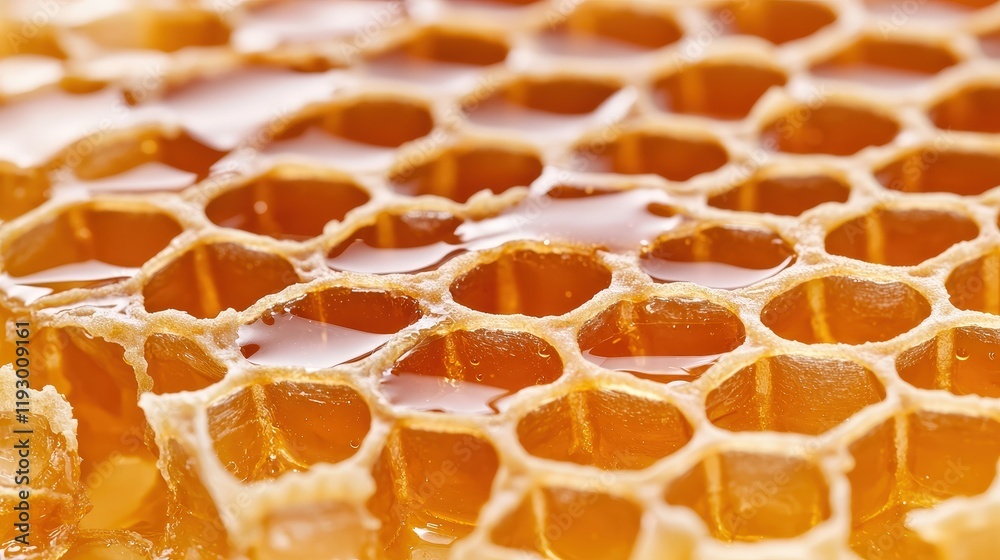 Close up of honeycomb with honey cells being harvested by a local beekeeper in an organic farm setting Close up of honeycomb with honey cells being harvested by a local beekeeper in an organic farm setting