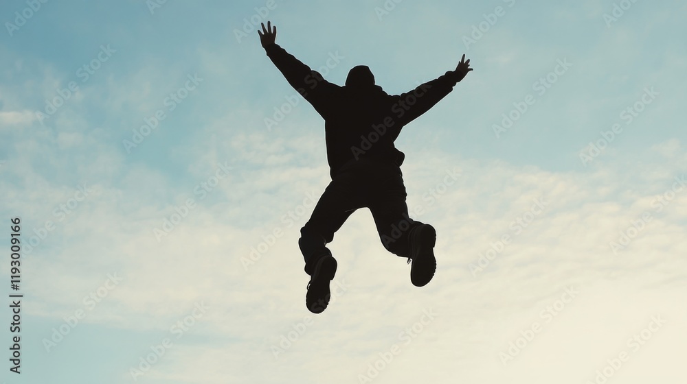 Silhouette of a man joyfully jumping in the air against a bright sky. Silhouette of a man joyfully jumping in the air against a bright sky.