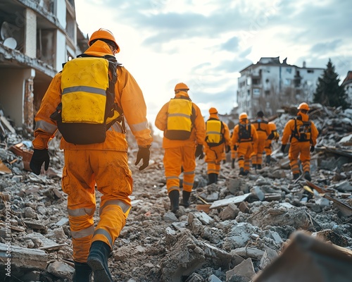 Earthquake disaster response team in yellow and orange uniforms, walking through ruined buildings and rubble, searching for survivors in a devastated area photo