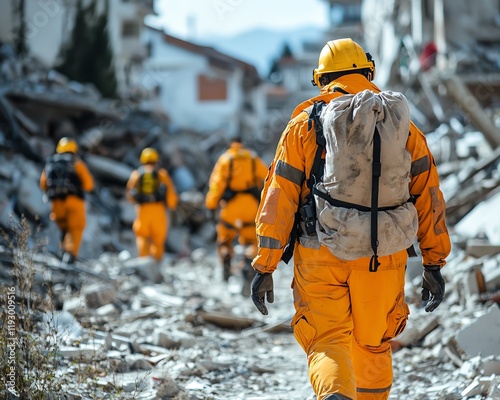 Earthquake disaster response team in yellow and orange uniforms, walking through ruined buildings and rubble, searching for survivors in a devastated area photo