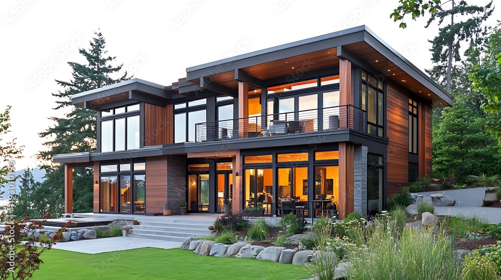 Fototapeta premium A modern house with a wooden exterior, large windows, and a stone pathway leading up to it. The house is surrounded by a well-manicured lawn and mature trees in the background.