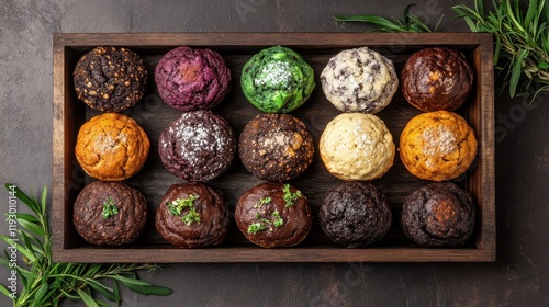 Colorful Assortment of Homemade Plant-Based Muffins in Tray photo