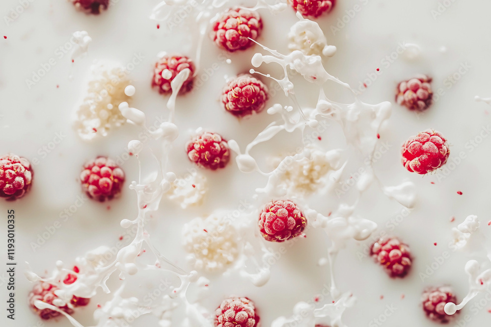 Raspberries burst in milk's splash Raspberries burst in milk's splash