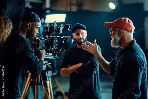 Film director giving instructions to actors on a movie set. Generative AI