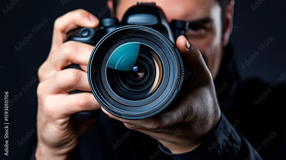 A close-up view of a professional photographer holding a DSLR camera, focused on capturing a shot. Concept of creativity, precision, and the art of photography A close-up view of a professional photographer holding a DSLR camera, focused on capturing a shot. Concept of creativity, precision, and the art of photography