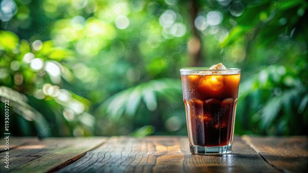 Refreshing Iced Beverage on Rustic Wooden Table Against a Lush Green Background Refreshing Iced Beverage on Rustic Wooden Table Against a Lush Green Background