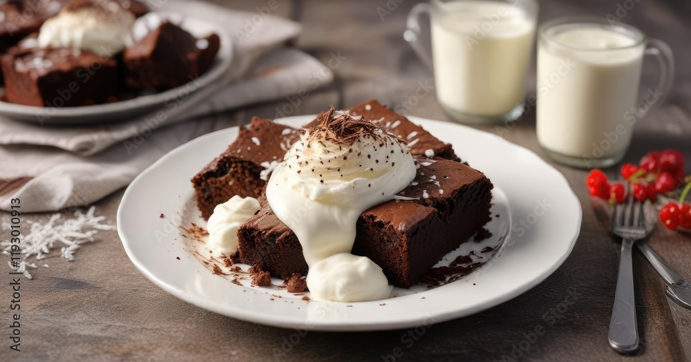 A plate of freshly baked brownies topped with shredded coconut and a side of whipped cream, baking, sweet treats A plate of freshly baked brownies topped with shredded coconut and a side of whipped cream, baking, sweet treats