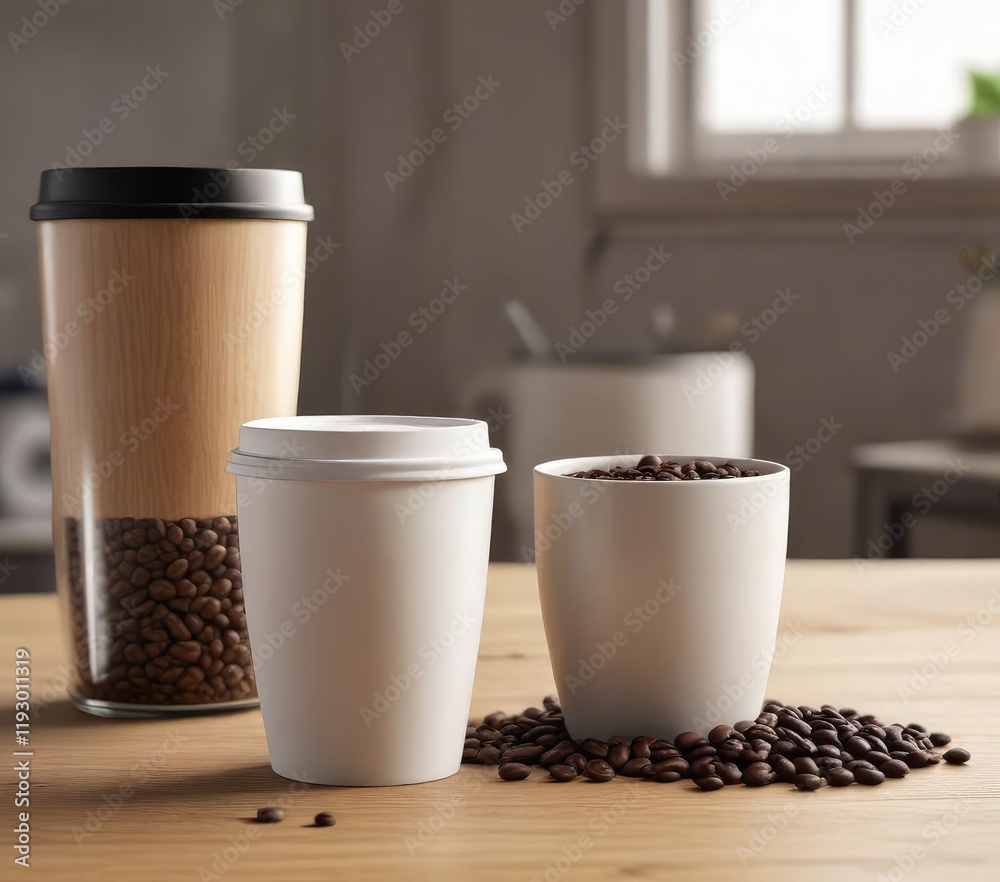 A coffee cup with a lid on a desk next to a container of coffee beans, desk, coffee cup A coffee cup with a lid on a desk next to a container of coffee beans, desk, coffee cup