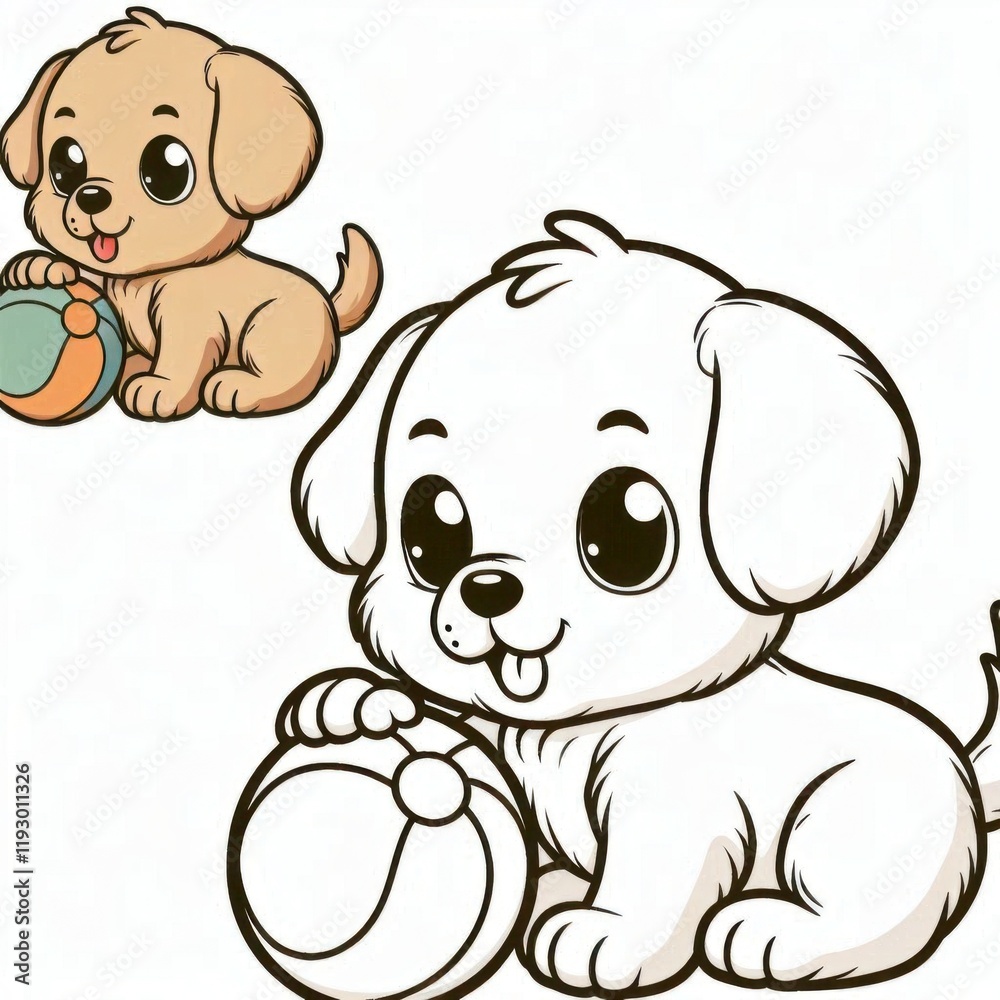 Adorable puppy with big eyes playing with a ball, colouring book, colouring page Adorable puppy with big eyes playing with a ball, colouring book, colouring page