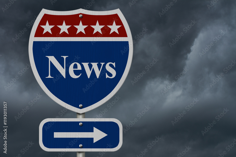 News Sign with Arrow Direction with stormy sky News Sign with Arrow Direction with stormy sky