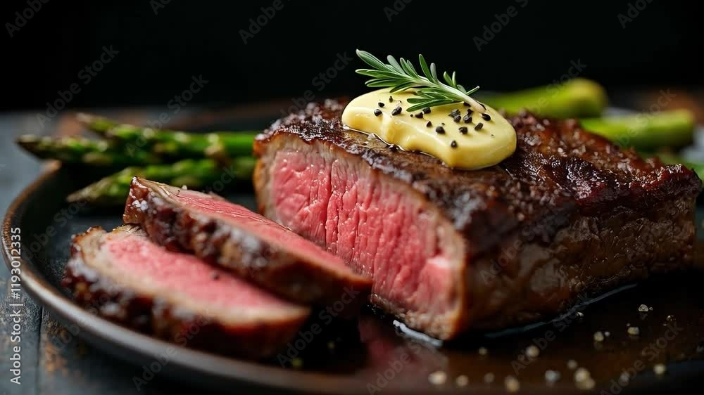 Filete de carne jugoso con mantequilla de hierbas y espárragos