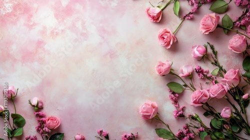 Pink roses and blossoms arranged on a textured pastel pink background