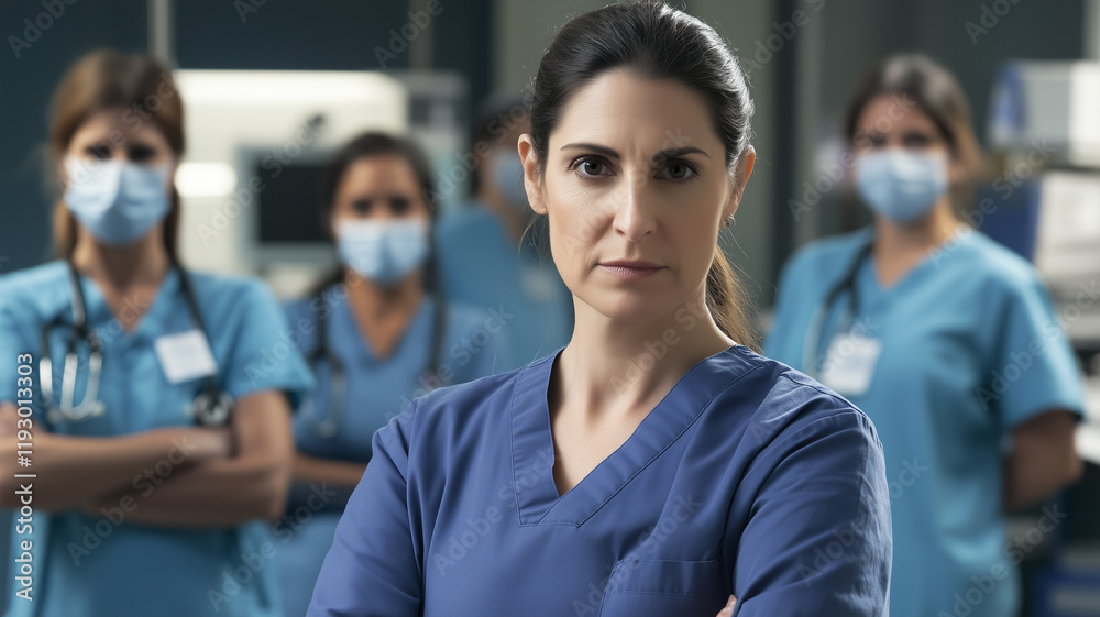 Female doctor in blue scrubs and mask standing confidently with arms crossed, with a team of medical professionals in the background, conveying teamwork and healthcare. Female doctor in blue scrubs and mask standing confidently with arms crossed, with a team of medical professionals in the background, conveying teamwork and healthcare.