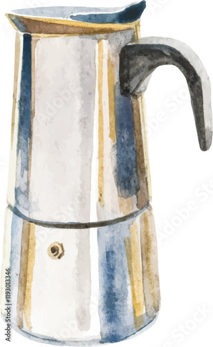 Watercolor painted coffee pot. Hand drawn design element isolated on white background.